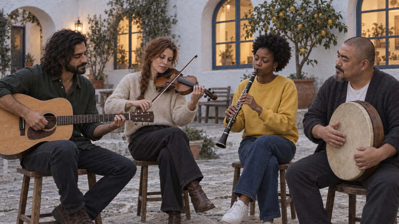 Four musicians with a guitar, a fiddle, a clarinet and a frame drum play on wooden stools in a whitewashed courtyard with glowing arched windows, a lemon tree and empty benches at dusk.