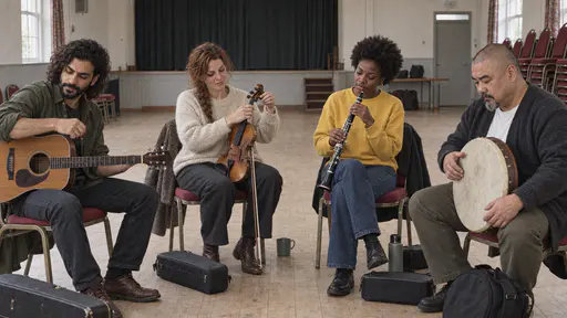 A bearded guitarist, a fiddler with a red braid, a young clarinettist and a bald drummer with a frame drum sit in a loose semicircle on the pale floor of an empty community hall with stacked red chairs behind them.