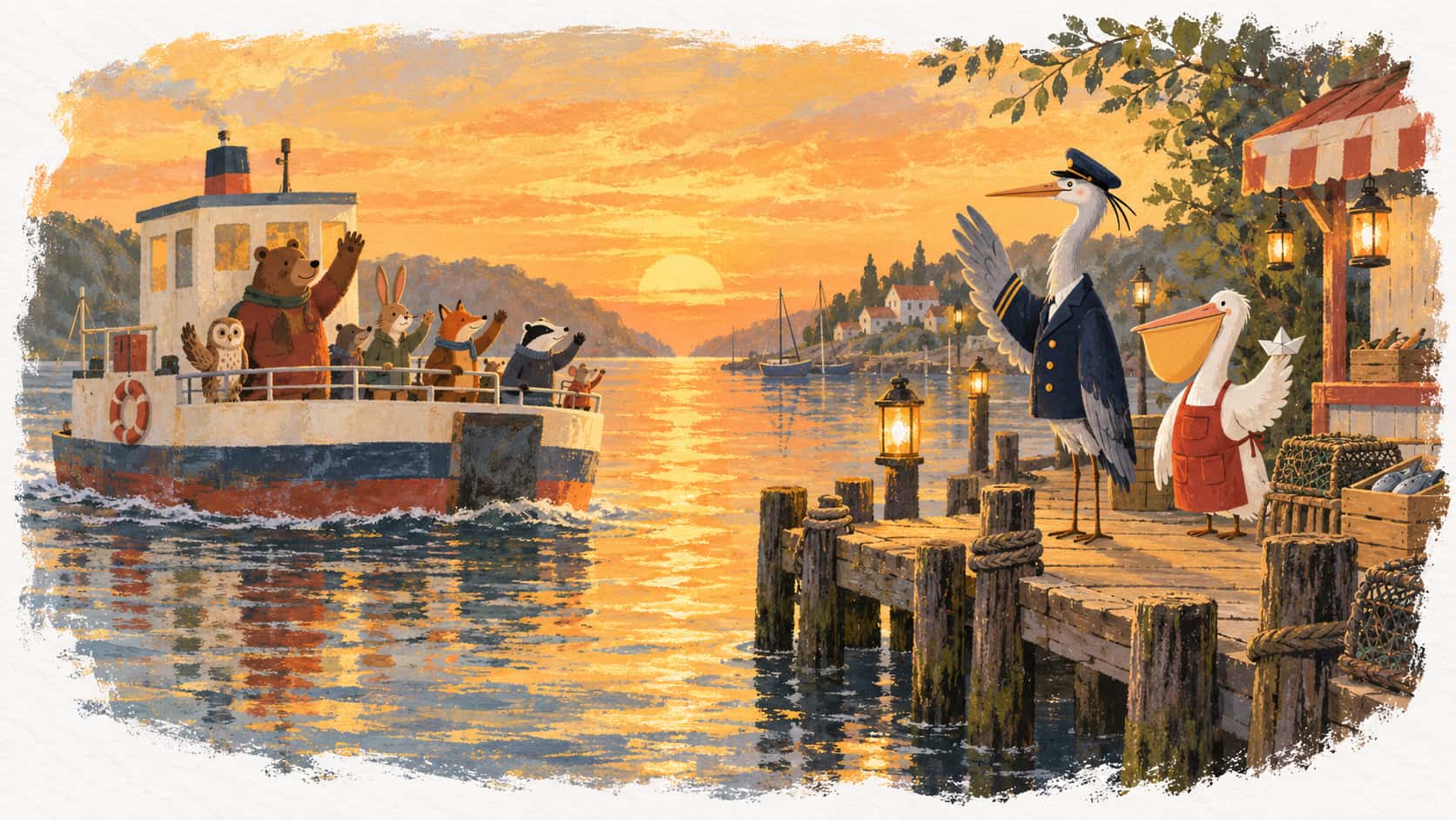 At golden sunset a small round-bellied ferry returns to the jetty with animal passengers waving from its rail while on the quay a tall grey heron in a navy coat raises a wing in greeting beside a round white pelican in a red apron waving a paper boat as lanterns come on.
