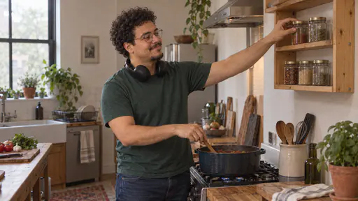 A tall soft-built man with round glasses, curly dark hair and a chin beard in a green t-shirt smiles as he stirs a pot and reaches toward a plain jar on a honey-coloured pine rack holding six unlabelled jars on the kitchen wall beside the stove in warm evening light.