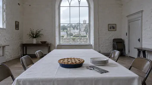 A round lattice-topped pie in a blue enamel dish sits alone on a long trestle table with a white cloth beside a stack of plain plates and cutlery in a whitewashed hall in cool light from an arched window.