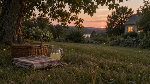 A folded striped picnic blanket lies beside a wicker basket and a glass jug with a little lemonade left on a small lawn at dusk with a few fireflies glowing in the grass under a leafy tree and a warm house window in the distance.