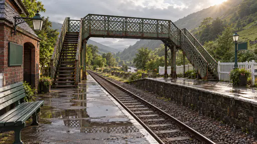 A rusted steel lattice footbridge with wet timber steps crosses a single railway track beside a dark red brick shelter in flat grey rain light with puddles reflecting its legs on the platform.