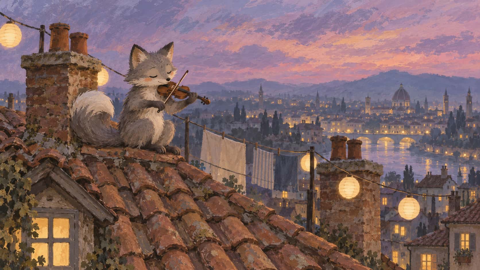 A grey fox with a white-tipped tail sits on a tiled roof ridge drawing a bow across a small fiddle with its eyes closed as bats cross a pink and violet twilight sky above a city of glowing windows.