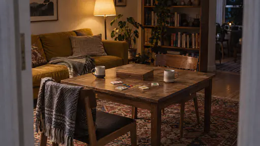 A closed wooden game box sits in the middle of a square wooden table beside two empty mugs in a quiet warm living room with a folded blanket on a mustard sofa and a floor lamp still glowing softly late in the evening.