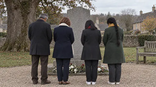 Four people in dark coats and coloured scarves stand shoulder to shoulder with bowed heads facing a stone memorial with laid flowers on a village green seen from behind across the grass in soft grey light.