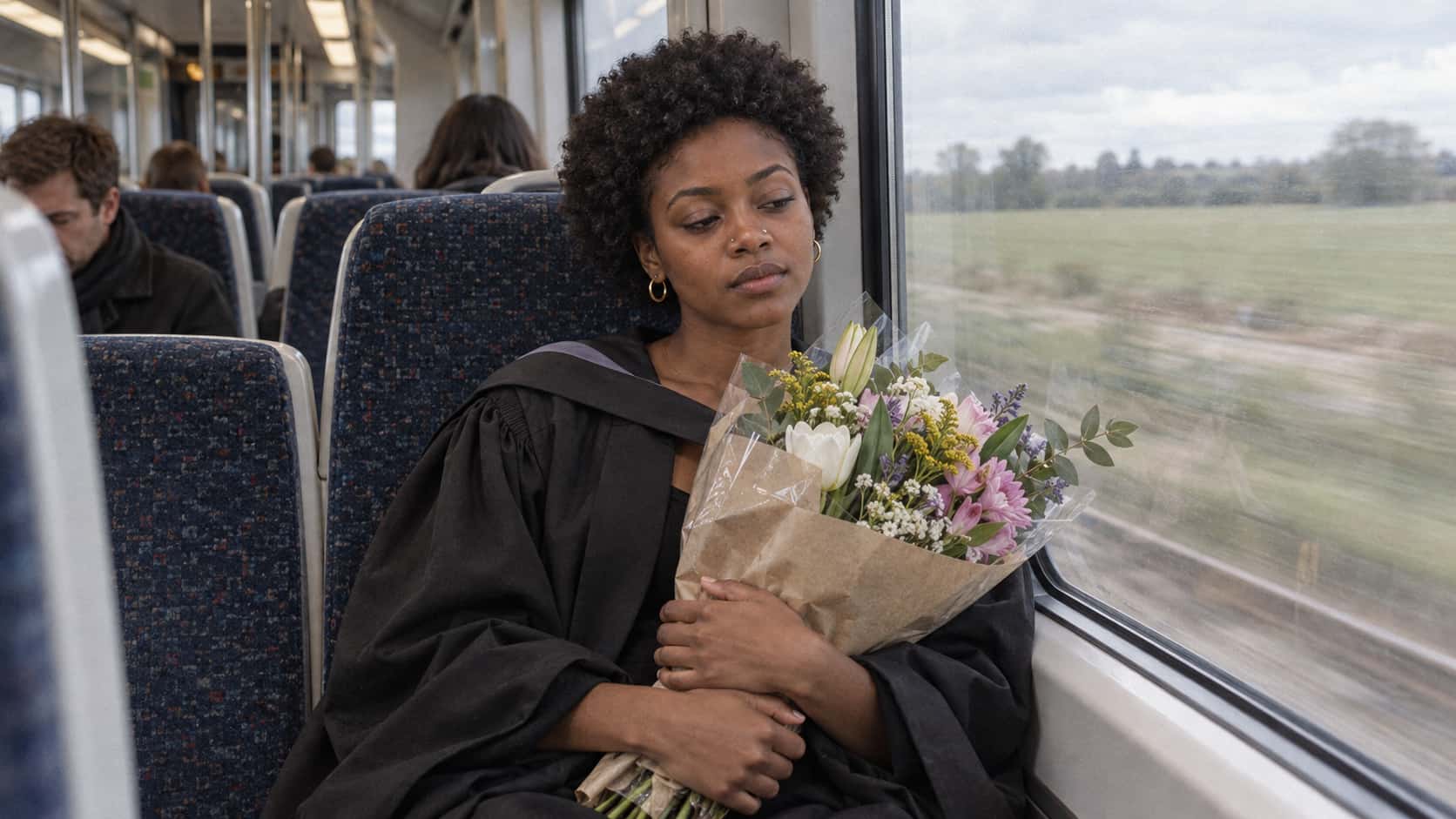 A young woman with a short rounded afro in a black graduation gown holds a large bouquet of mixed flowers upright against her chest on a train seat with fields passing in soft motion blur through the window in cool carriage light.
