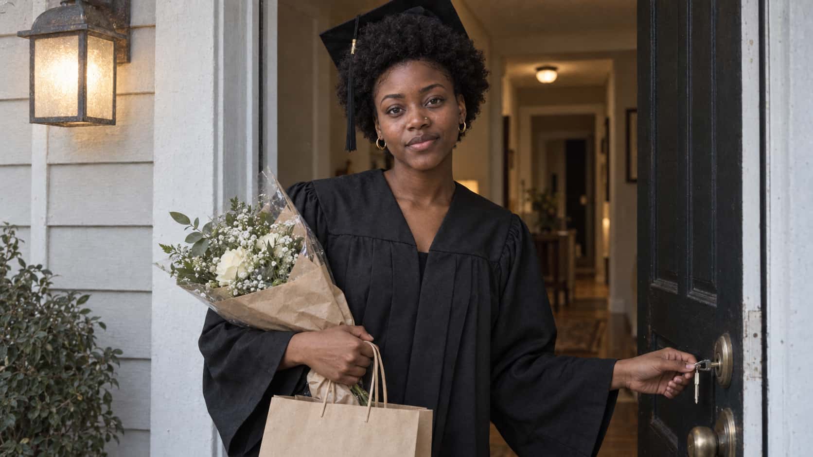 A young woman with a short rounded afro in a black graduation gown with her cap pushed back stands at her front door with a key in one hand and a small bouquet and a paper bag in the other as the door opens onto a lit hallway in low porch light.