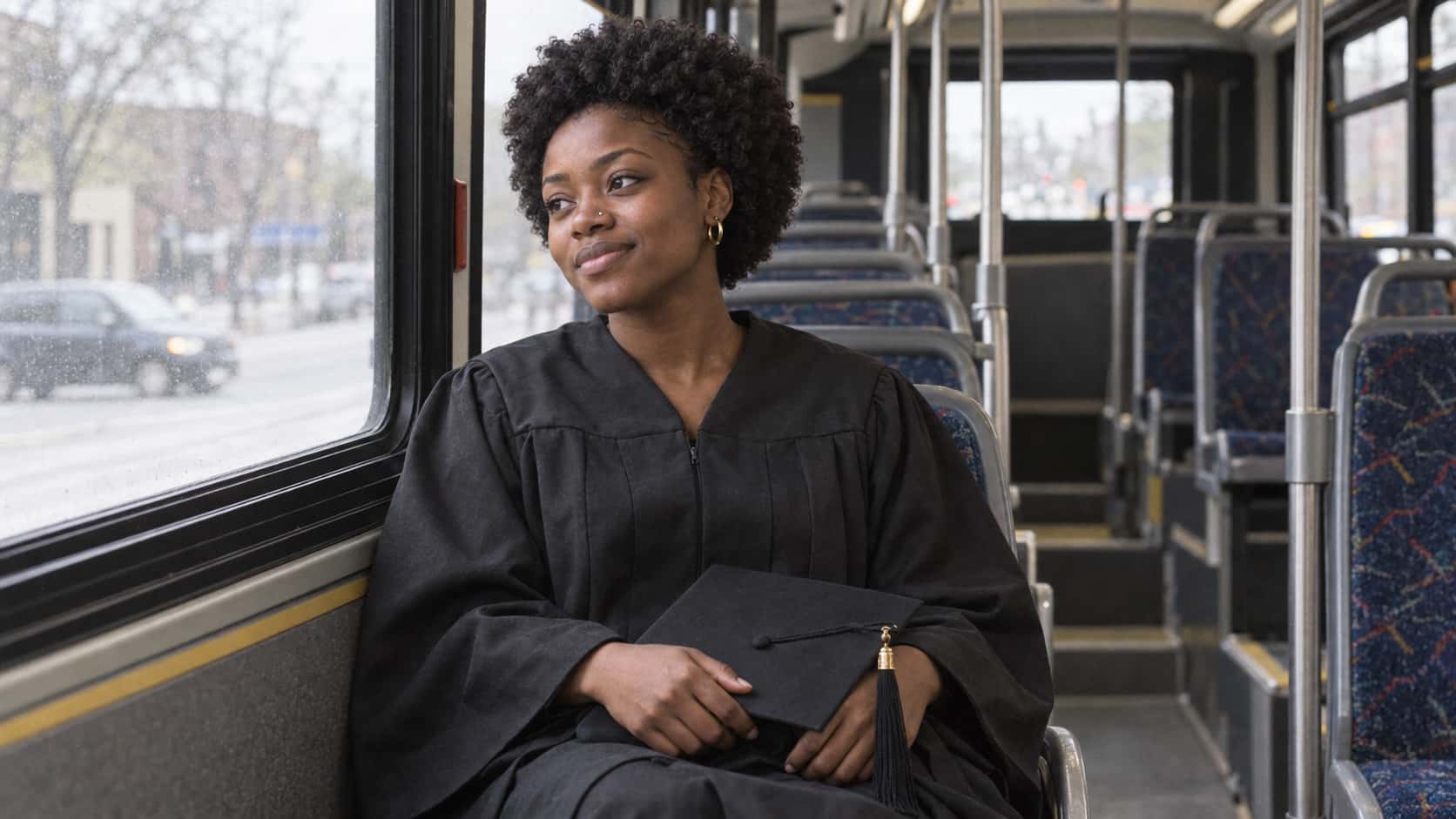 A young woman with a short rounded afro in a black graduation gown sits alone on a bus seat by the window with a mortarboard and swaying tassel in her lap looking out at the street in soft afternoon light.