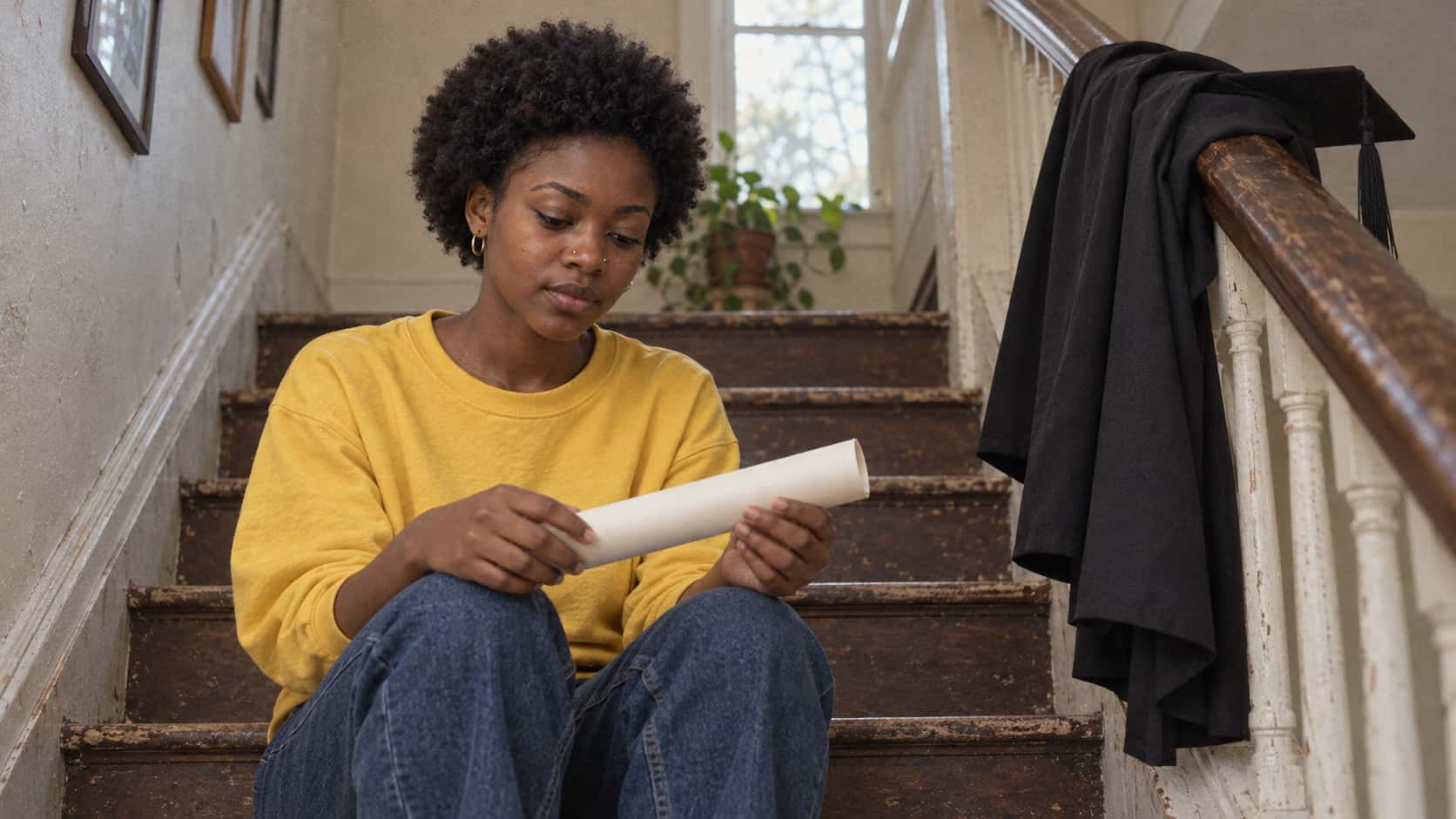 A young woman with a short rounded afro in a casual top sits on the middle step of a worn stairway with a rolled certificate tube across her knees and a black gown draped over the banister above her in soft evening stair light.