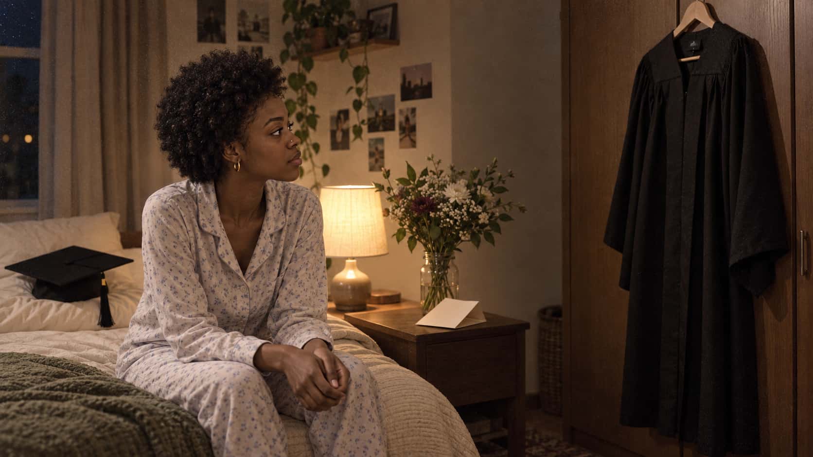 A young woman with a short rounded afro in pyjamas sits on the edge of her bed at night looking at a black graduation gown hung on the wardrobe with a bouquet in a jar beside the bed and a mortarboard on the pillow in soft lamp light.