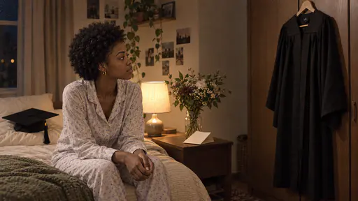 A young woman with a short rounded afro in pyjamas sits on the edge of her bed at night looking at a black graduation gown hung on the wardrobe with a bouquet in a jar beside the bed and a mortarboard on the pillow in soft lamp light.