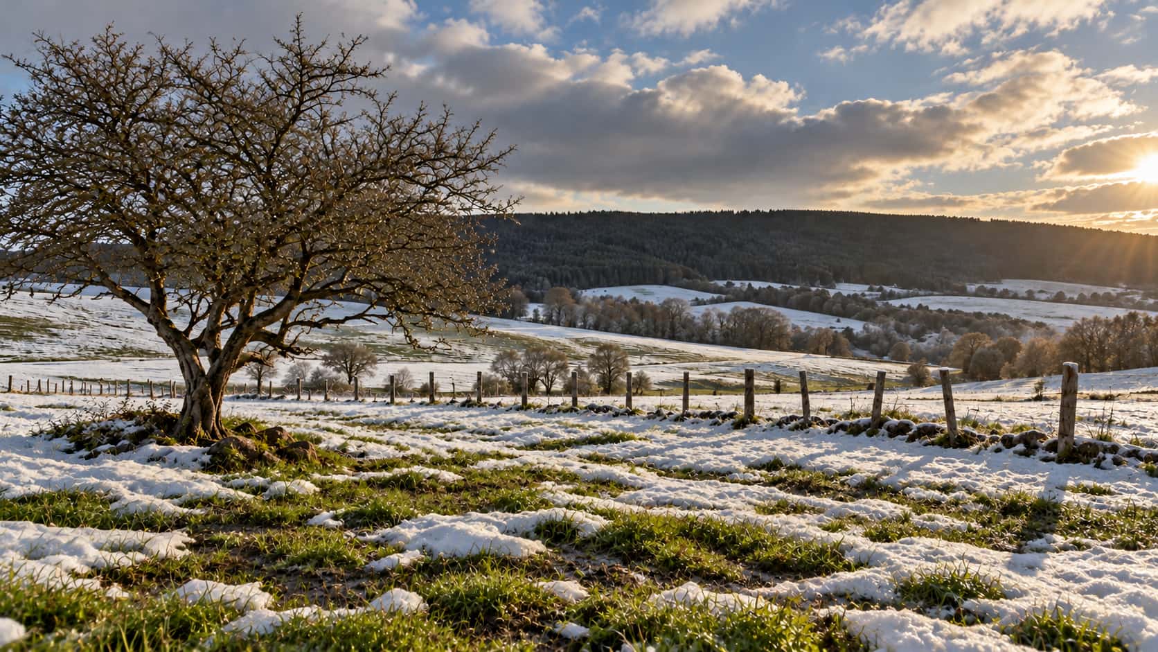 A rolling meadow is half-thawed with dark melt patches of wet earth and green grass showing through white snow, a bare hawthorn, snow on the fence rails and a sky of blue gaps and cloud in bright broken light.