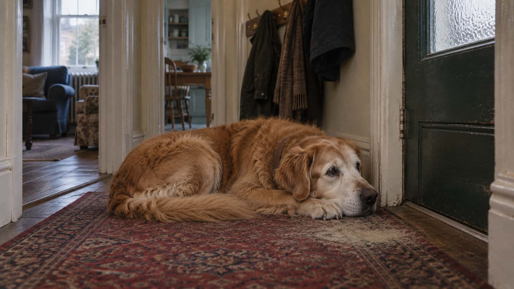An old golden retriever lies curled on a faded red patterned hall runner in front of a dark green front door in low evening light, chin on his paws toward the door, a worn patch in the runner under him.