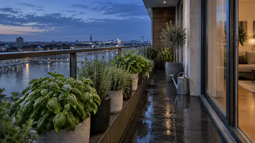 A narrow balcony railing of herb pots glitters with droplets at blue dusk above dark wet tiles, the watering can set down by the wall.
