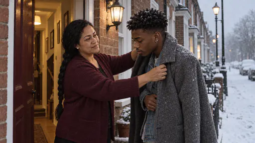 A Samoan woman in a burgundy cardigan settles a thick grey wool coat over the shoulders of a shivering tall young man in a thin denim jacket on a snowy doorstep in warm interior light.