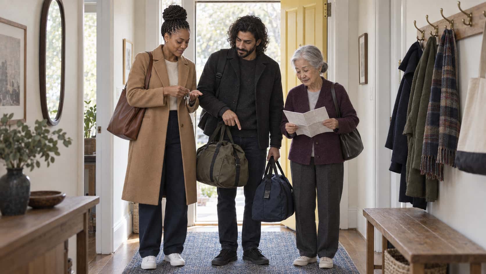 A tall woman in a camel coat checks keys in her palm, a bearded man in a charcoal jacket counts bags with a pointing finger and a very small elderly woman in a plum cardigan holds a folded map at an open yellow front door.
