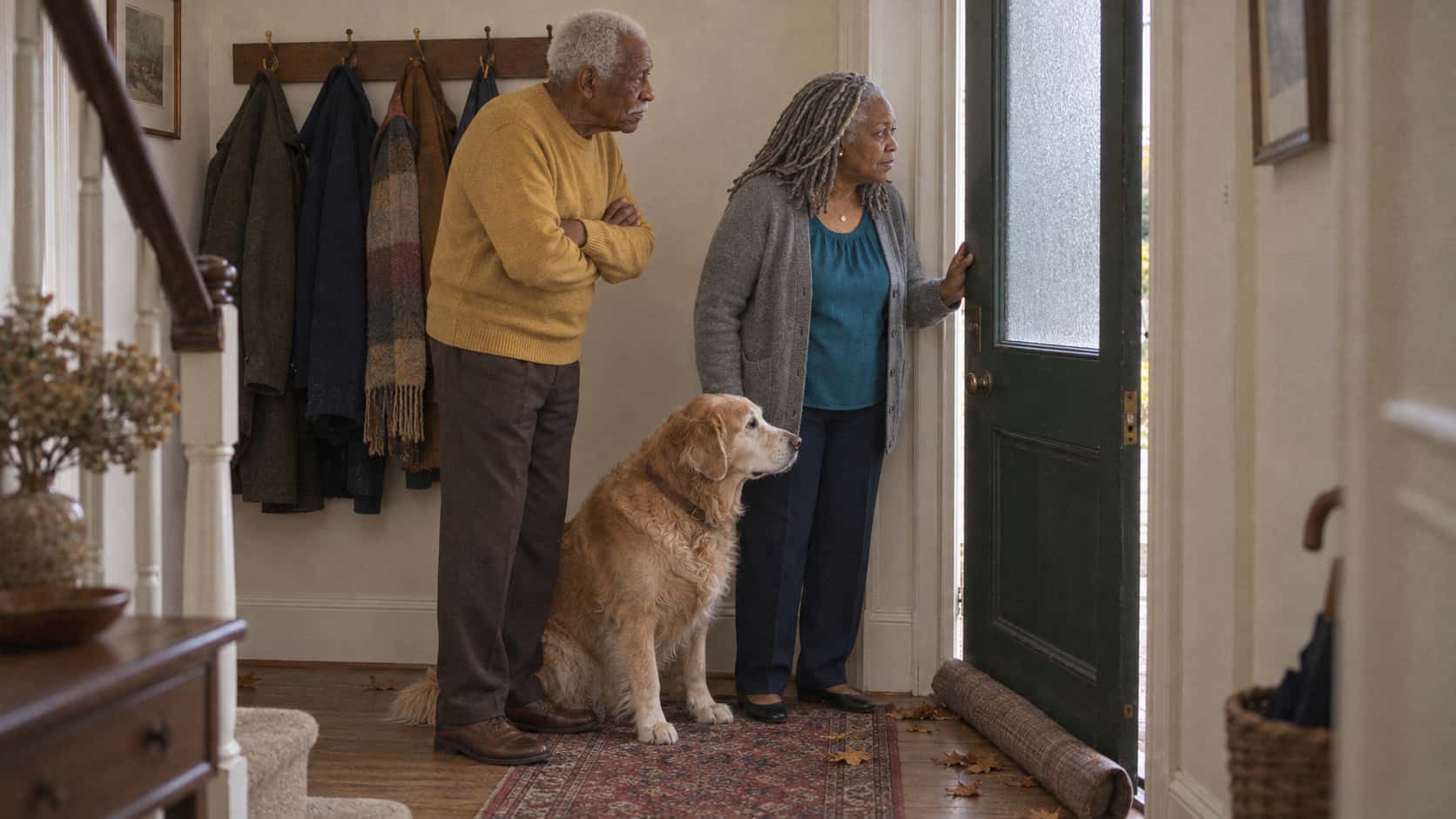 A silver-locked woman, a tall white-haired man and an old golden retriever stand together inside an entry hall with winter coats on the rack as the first cold wind blows leaves through the open door in warm late light.