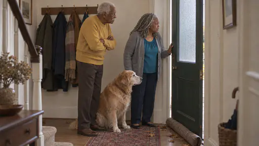 A silver-locked woman, a tall white-haired man and an old golden retriever stand together inside an entry hall with winter coats on the rack as the first cold wind blows leaves through the open door in warm late light.
