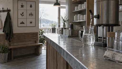 A glass jug is refilled from a steel filter tank tap with a thin bright stream of water mid-pour catching strong backlight at the end of a zinc counter with white cups out of focus behind.