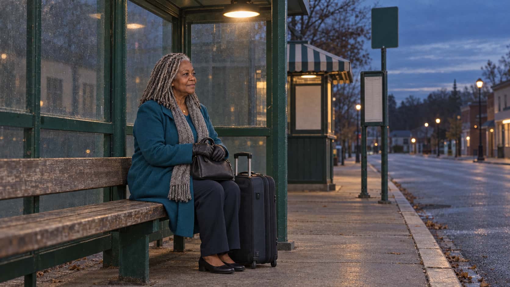 A full-figured woman with silver locs in a teal coat and grey scarf sits alone on a long timber bench under a green shelter with a large upright suitcase and a small bag on her lap under one lit lamp in deepening blue dusk.