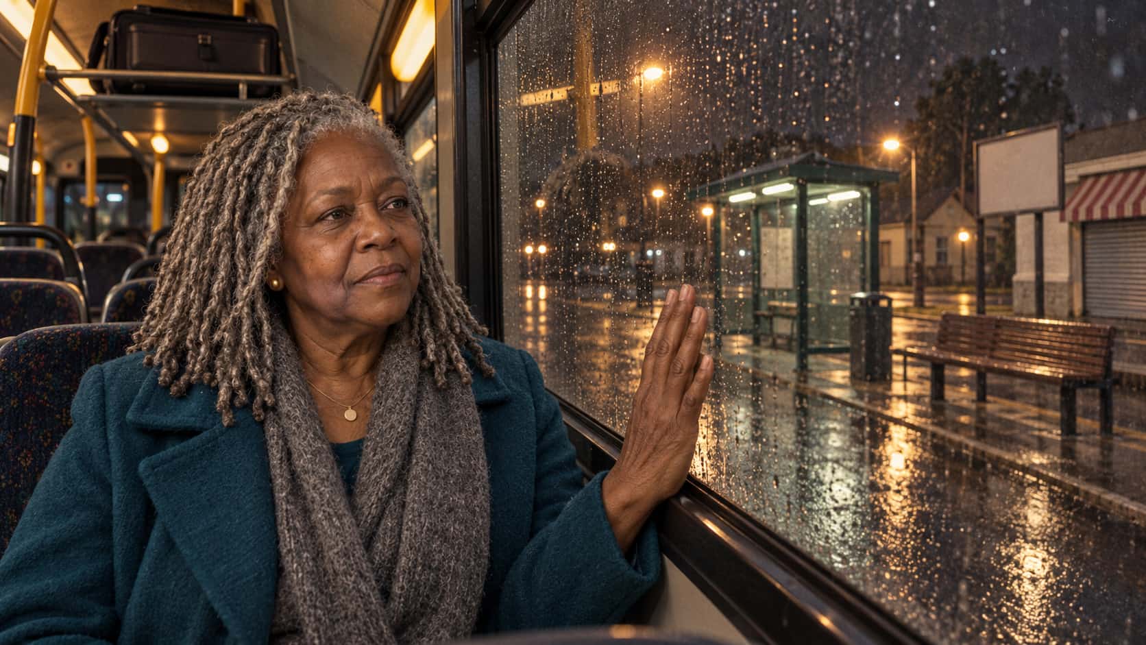 A full-figured woman with silver locs in a teal coat sits in the front seat of a bus at night with a suitcase on the rack above and her hand on the window looking out at a shuttered kiosk and an empty station slipping away.