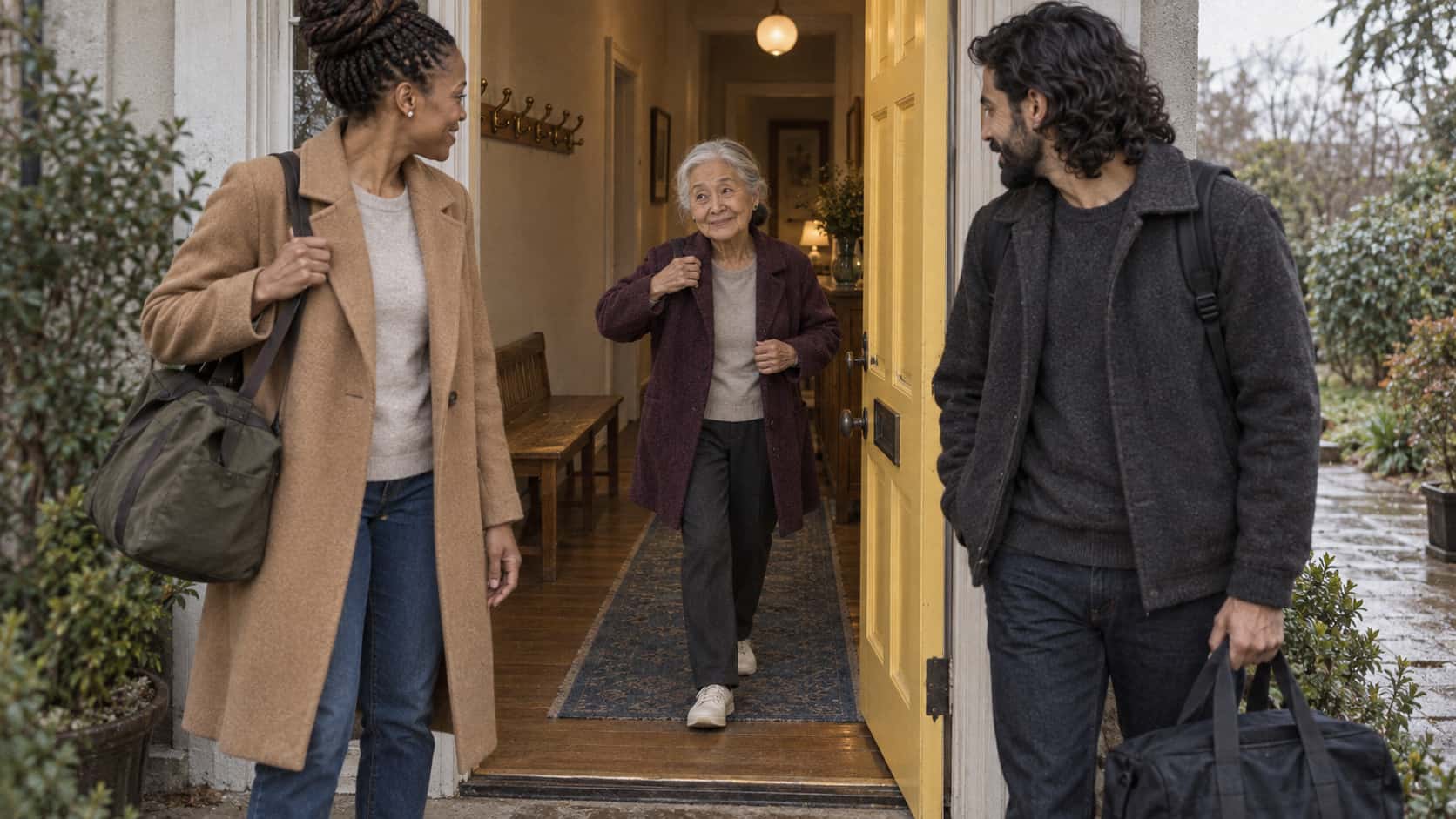 A very small elderly woman in a plum cardigan pulls on a coat and steps onto the threshold of an open yellow front door with a small smile as a tall woman and a bearded man wait on the path outside with bags in golden light.