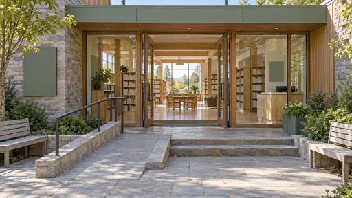 Glass library doors show the lobby straight through, with pale pine floors, shelves of books with blank spines, a reading table and a tall far window in warm afternoon light and a ramp and benches at the sides.