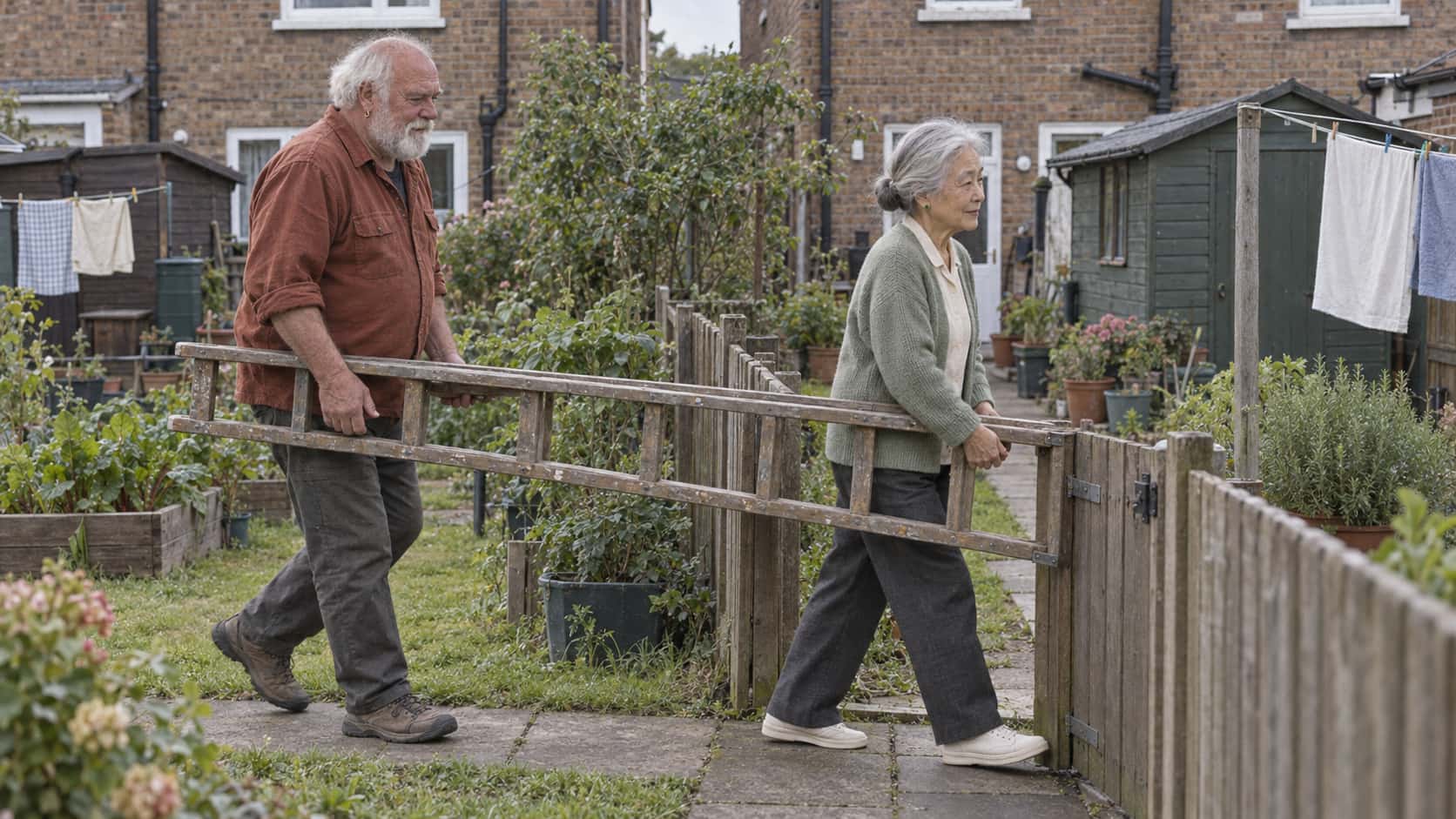 A broad man in his late sixties with a thick white beard in a rust-coloured work shirt and a very small woman in her early eighties with silver-white hair in a low bun in a sage cardigan carry a long wooden ladder back between them along a garden fence path, one holding each end at waist height as they walk toward the small gate in flat morning light.