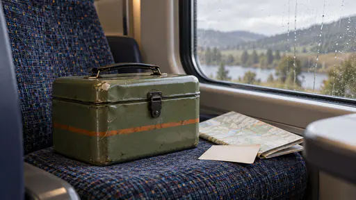 A dented sage-green steel lunchbox with a black clasp rests on an upholstered train seat beside a folded blank paper map and a plain card with thin rain streaks on the window and blurred countryside beyond in cool window light.