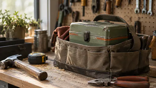 A dented sage-green steel lunchbox with a black clasp sits in a canvas tool tote beside a laid-down hammer, a tape measure and a pair of pliers on a workshop shelf with a pegboard of tools behind in warm work light.