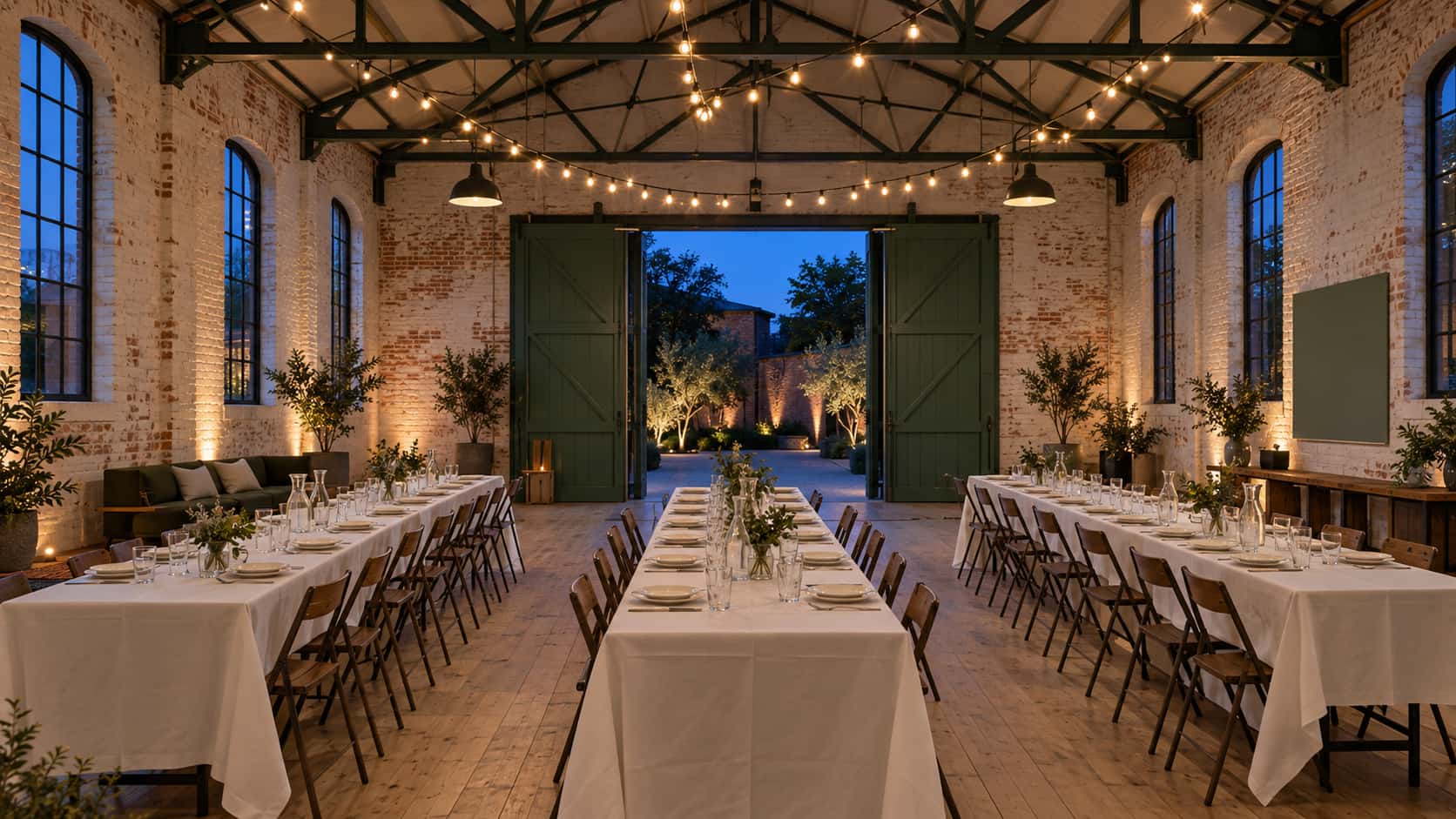 A converted warehouse hall set with three long tables with white cloths, plates, jugs and folding chairs under warm string lights draped on steel trusses with open green doors to a lit courtyard at blue dusk.