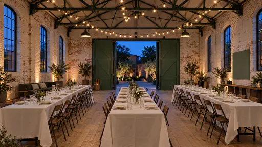 A converted warehouse hall set with three long tables with white cloths, plates, jugs and folding chairs under warm string lights draped on steel trusses with open green doors to a lit courtyard at blue dusk.
