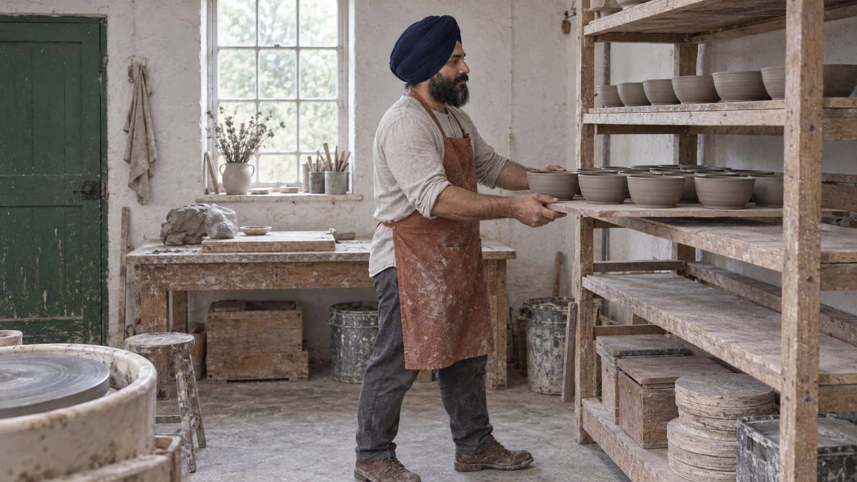 A turbaned bearded maker in a rust apron slides a wide wooden tray of just-formed grey clay bowls onto a slatted drying shelf with more bowls above and a clay-dusted pine bench behind in soft window light.