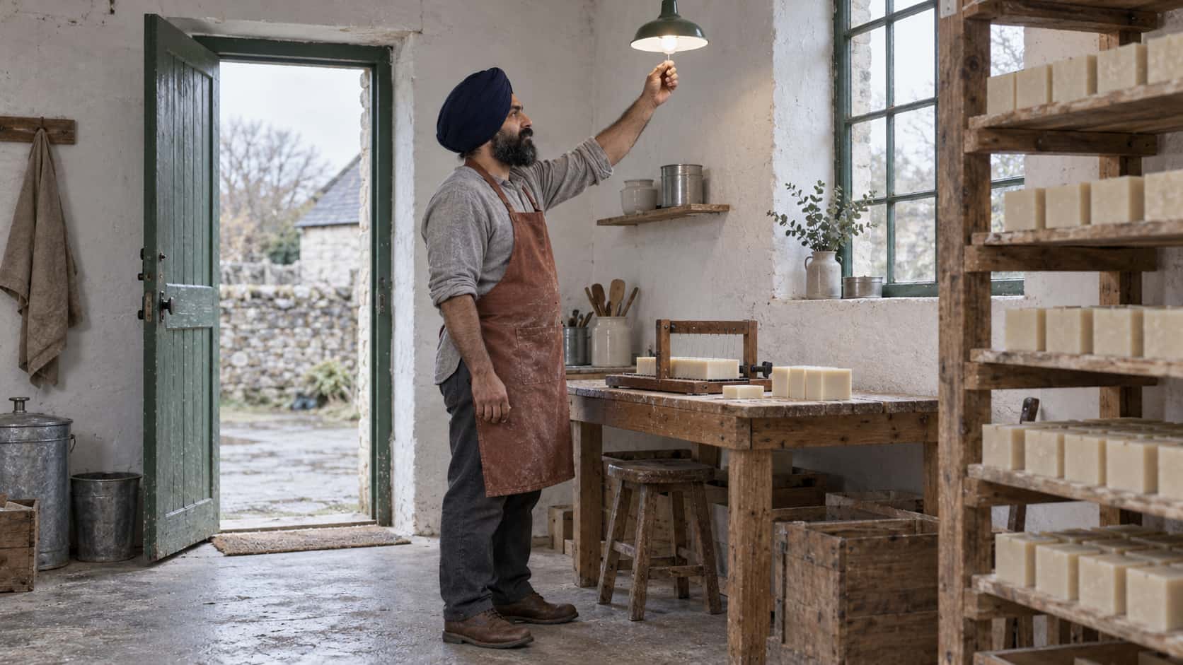 A turbaned bearded maker in a rust apron switches on a hanging lamp inside a small whitewashed soap room beside a tall timber curing rack of stacked pale soap bars and a wooden bench with a cutter board in cool morning light.