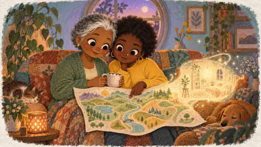 In a new room at dusk a petite older woman with silver-grey hair and a green cardigan and a young woman with a short afro and a yellow sweatshirt sit side by side on a patchwork sofa sharing a mug of cocoa with a small round window glowing lilac behind them as the map across their knees begins to draw yet another faint room in glowing ink.