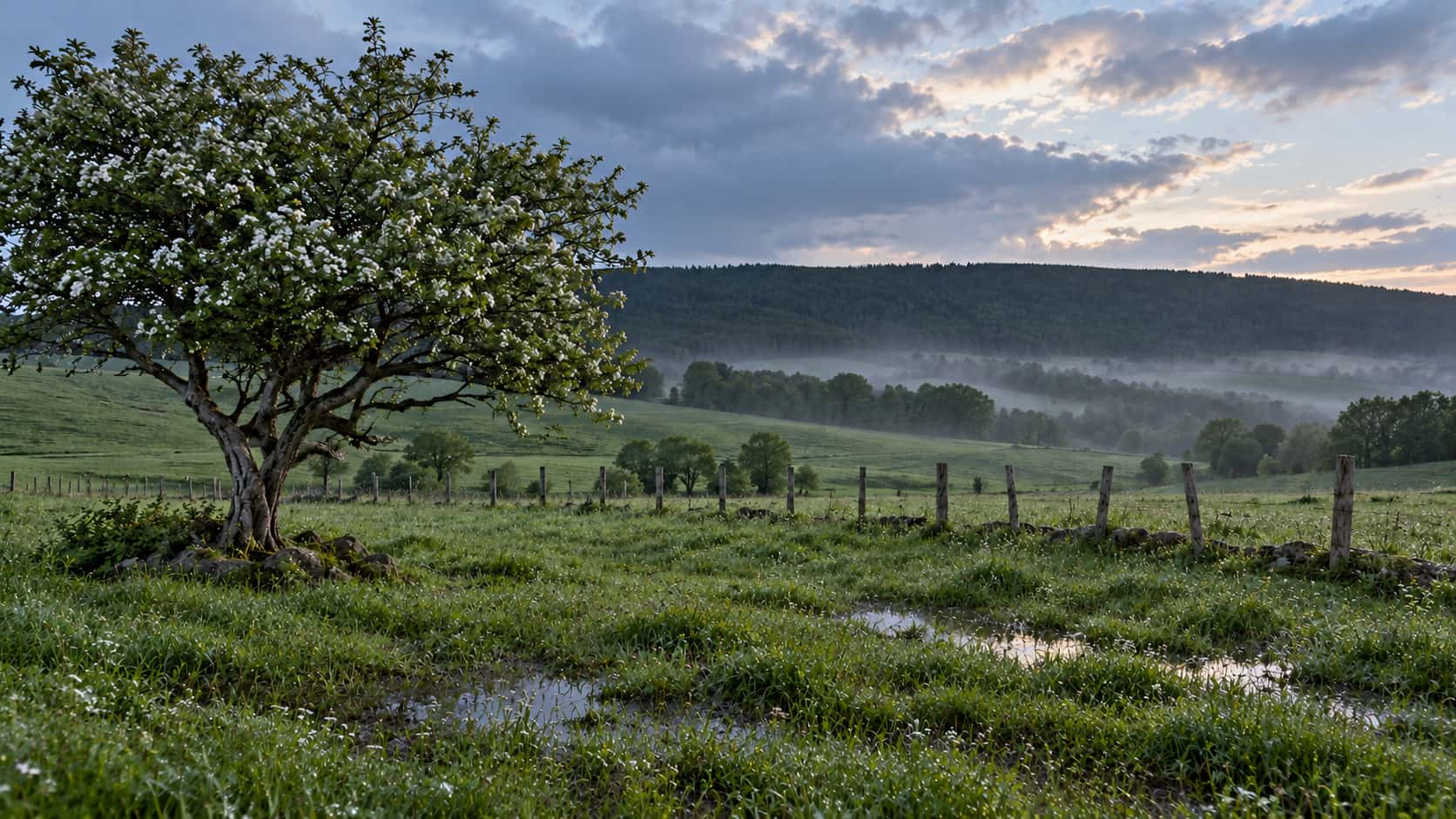 A rolling meadow shines wet after a storm with glossy grass, puddles reflecting a mended pale sky, a hawthorn with beaded leaves and a thin mist lifting from the grass near the tree line in cool evening light.