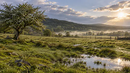A rolling meadow shines wet after a storm with glossy grass, puddles reflecting a mended pale sky, a hawthorn with beaded leaves and a thin mist lifting from the grass near the tree line in cool evening light.