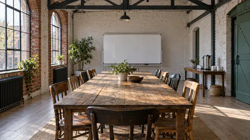 A long timber table surrounded by mismatched wooden chairs with a blank whiteboard and a steel tea urn on a side table in a whitewashed brick meeting room under a steel truss in low afternoon light.