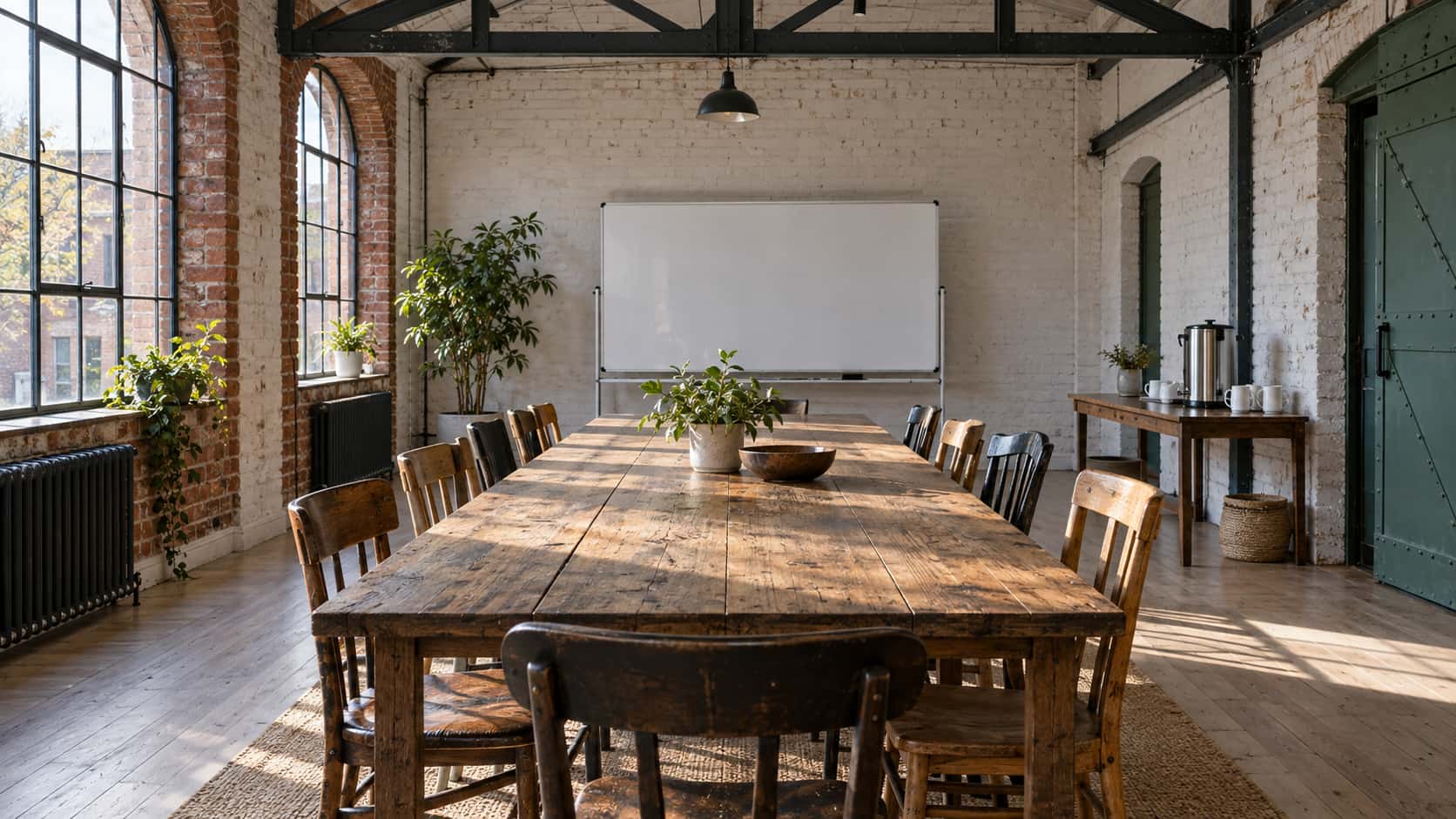 A long timber table surrounded by mismatched wooden chairs with a blank whiteboard and a steel tea urn on a side table in a whitewashed brick meeting room under a steel truss in low afternoon light.