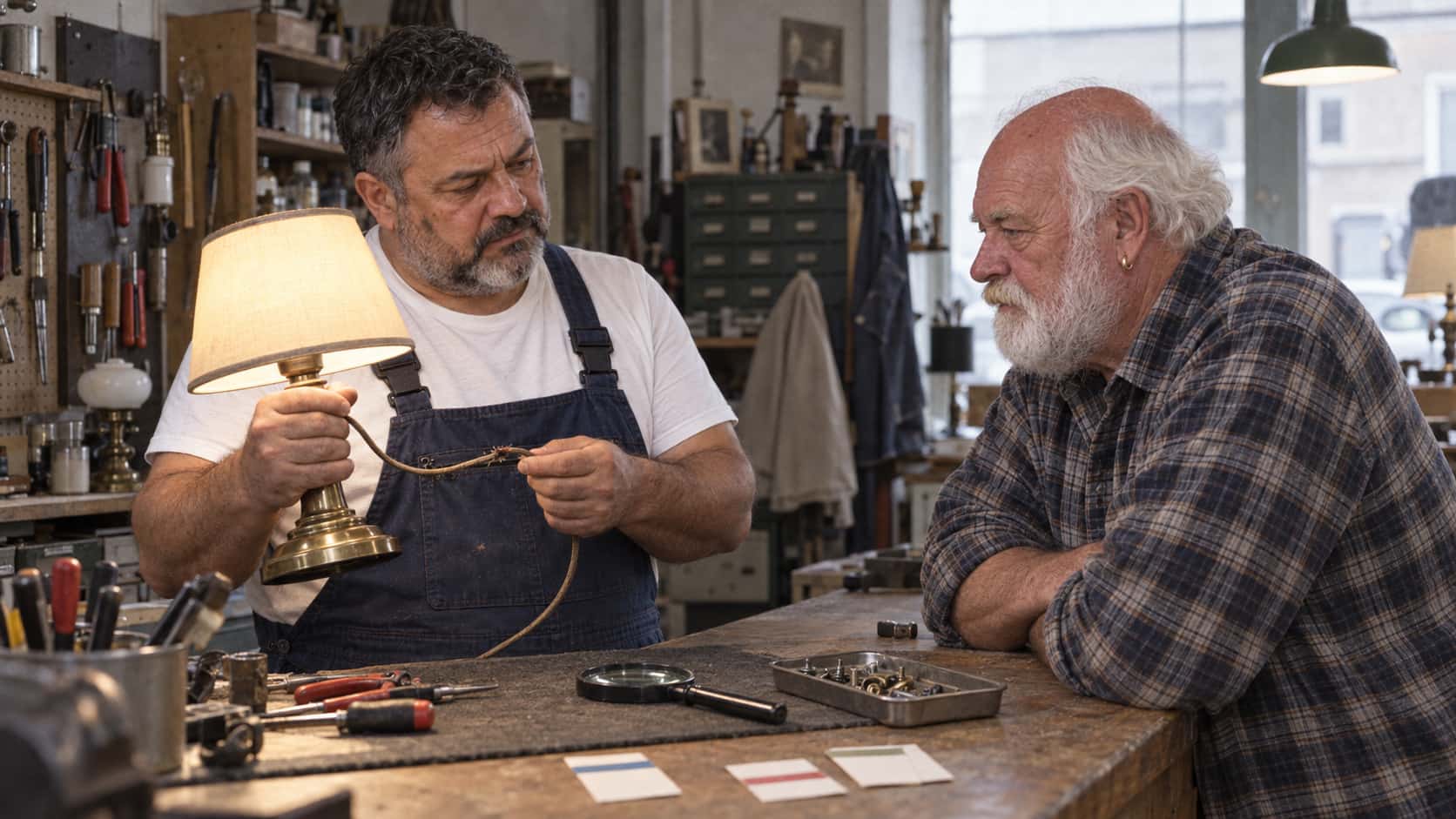 A stocky man with a round face and short grey beard in dark blue overalls holds a small brass table lamp up and examines its frayed cord with a calm frown under a warm counter lamp while a broad white-bearded man in a checked flannel shirt watches with his arms folded across the counter.