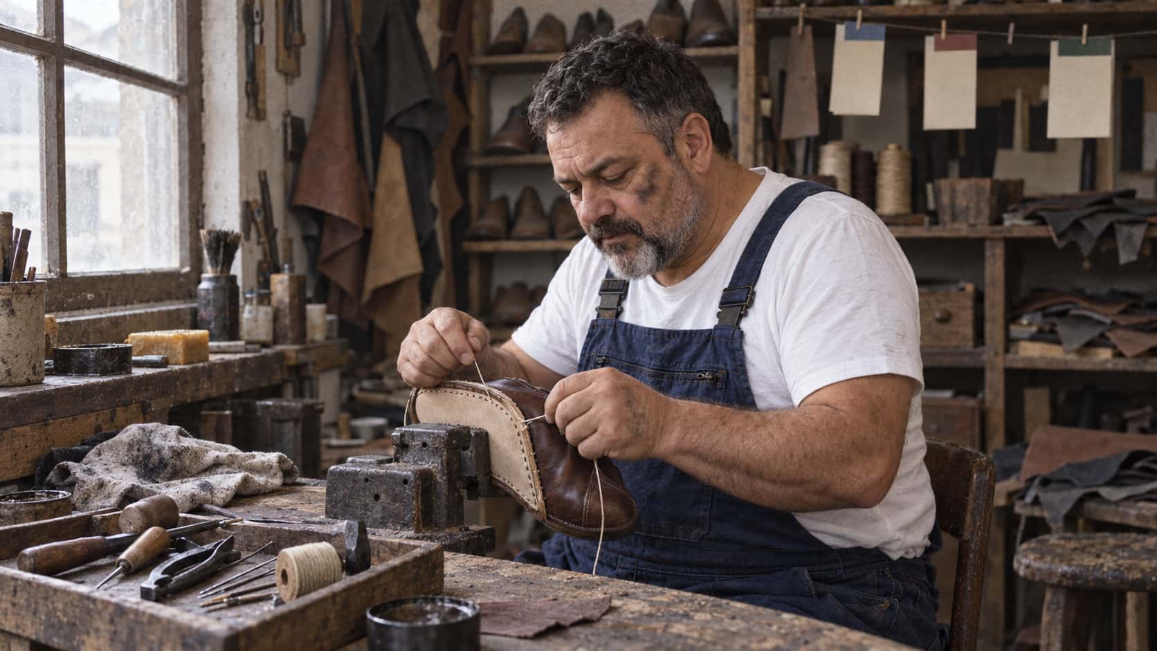 A stocky man with a round face and short grey beard in dark blue overalls sits at his workbench with his head bent over a brown leather shoe clamped in a vice with a new pale sole half-stitched with waxed thread and a tray of small tools beside it in low side light.
