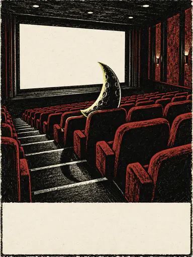 Surreal halloween cinema illustration: a huge crescent moon sits alone in one seat of an empty movie auditorium, backlit by a blank glowing screen, in a black, bone and dusty red linocut poster with an empty title band.