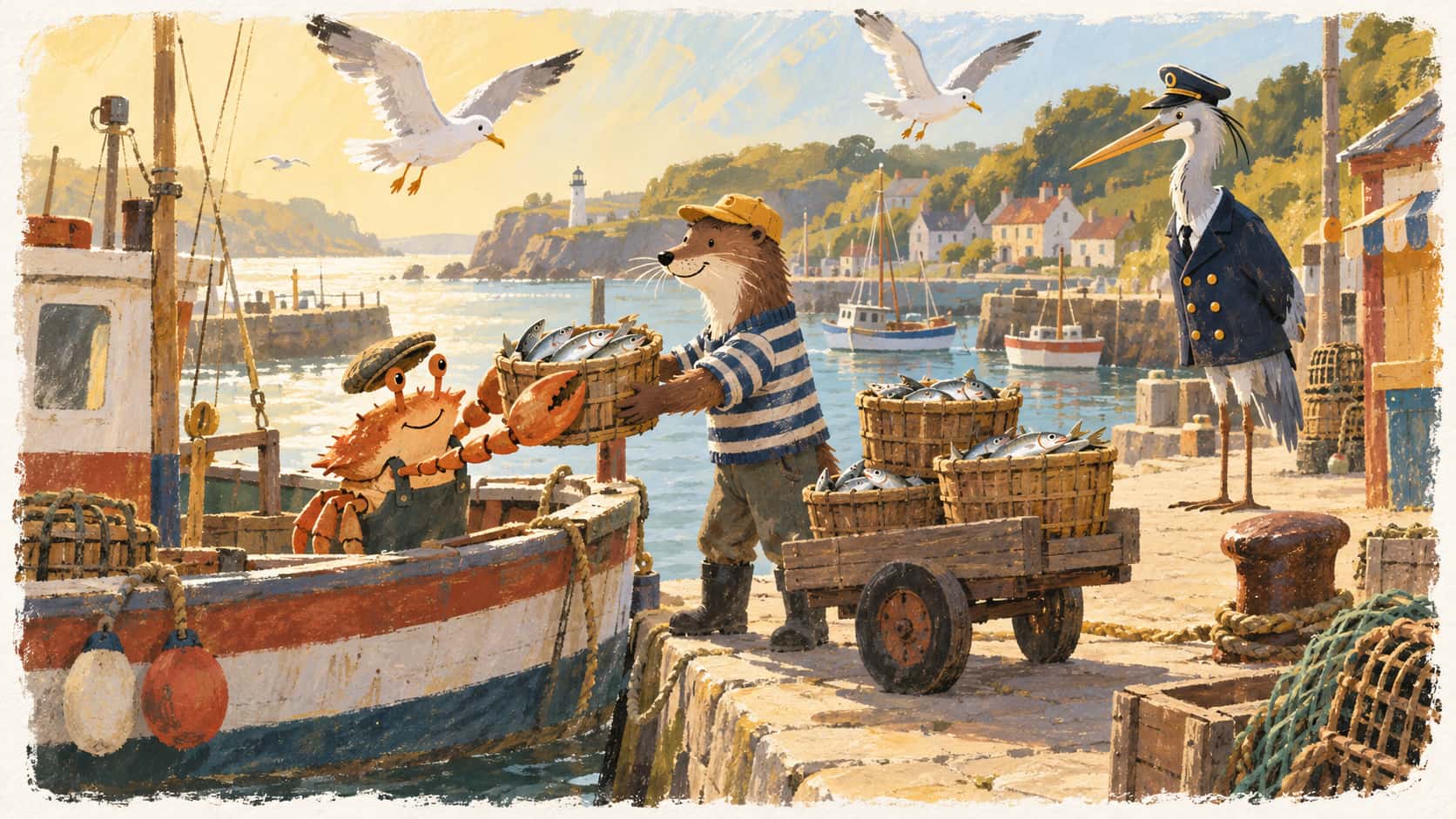 A small fishing boat unloads its catch at the quay as a crab in a flat cap passes baskets of plain silver fish up to a sleek otter in a blue jersey who stacks them on a cart while gulls hover overhead and a tall grey heron in a navy coat watches with a wing behind his back.