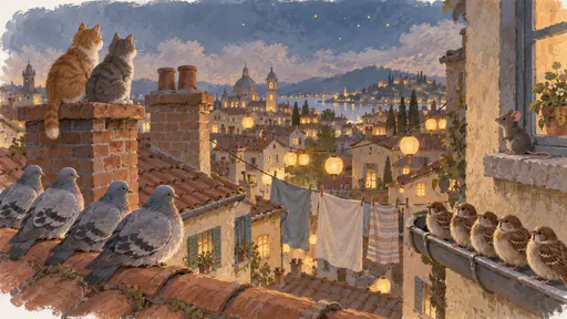 Grey pigeons on a roof ridge, sparrows on a gutter, two cats on a chimney top and a mouse on a windowsill all face the music from neighbouring tiled rooftops in warm lantern light under the first stars.