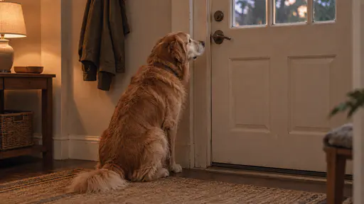 An old golden retriever with a grey muzzle sits at a front door with his tail brushing the floor and his head tilted toward a door latch that has just turned, a coat on the hook beside him in warm evening lamp light.