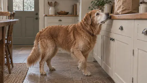 An old golden retriever with a grey muzzle stands frozen mid-step on a kitchen floor with one front paw lifted and his nose raised toward a crinkled plain paper bag on the counter above him in warm kitchen light.