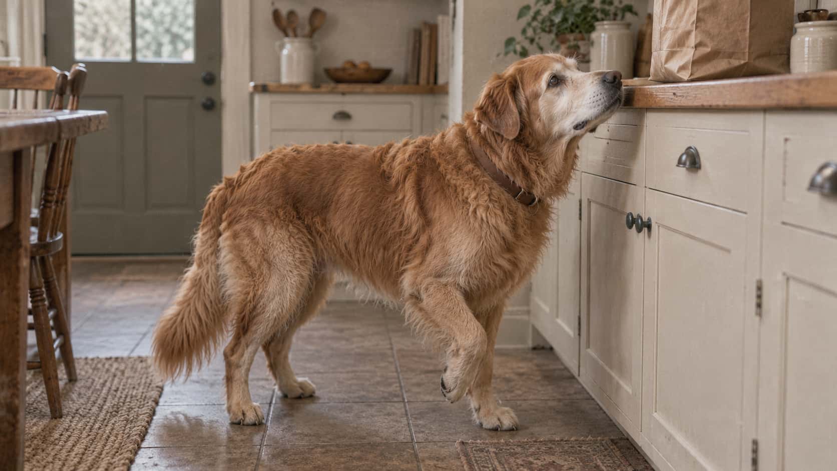 An old golden retriever with a grey muzzle stands frozen mid-step on a kitchen floor with one front paw lifted and his nose raised toward a crinkled plain paper bag on the counter above him in warm kitchen light.