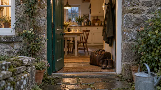 The green front door of a stone cottage stands open with lamplight falling across the flagstones, a worn leather travelling bag just inside, a coat on the hook, mended boots on the mat and two steaming mugs on the kitchen table beyond.