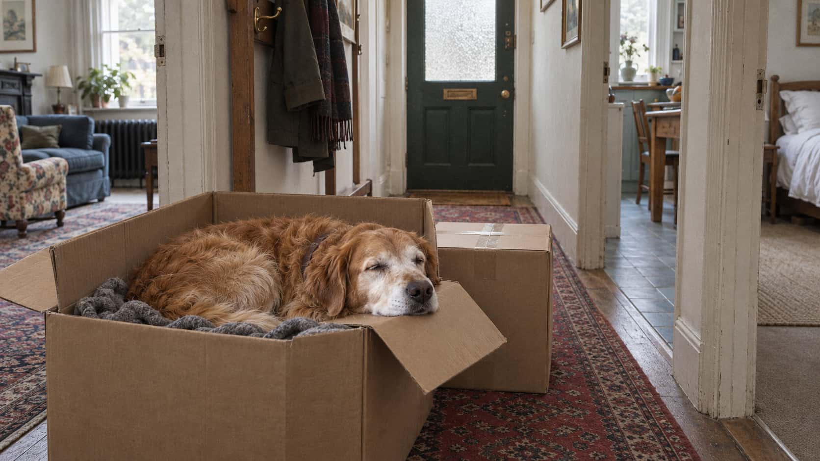 An old golden retriever lies curled asleep inside a large open plain cardboard moving box lined with a folded grey blanket, his chin resting on one open flap and the sides bulged by his curl.